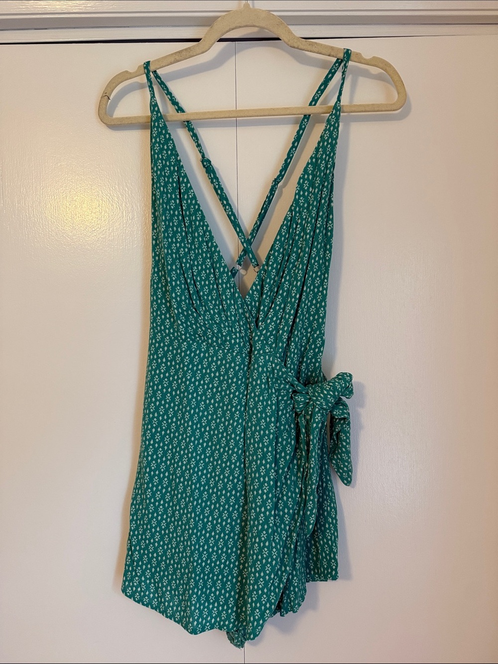 Skylar + Madison Teal Green Floral Wrap Romper with Crisscross Straps